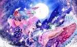  bug butterfly fan folding_fan foreshortening full_moon hat highres insect japanese_clothes light_particles moon open_mouth pink_eyes pink_hair ribbon saigyouji_yuyuko sash shippou_(pattern) short_hair smile solo touhou triangular_headpiece umami_(sakeikura) wide_sleeves 