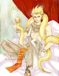  armlet bed blonde_hair bracelet dated earrings fate/zero fate_(series) gilgamesh highres jewelry jun_(ash) male_focus necklace red_eyes sandals snake solo toga 