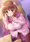  achiga_school_uniform blush breasts brown_hair cardigan desk green_eyes highres large_breasts long_hair looking_at_viewer matsumi_yuu open_mouth pink_cardigan saki saki_achiga-hen sitting skirt solo suzume_inui 