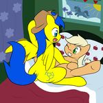  bed blonde_hair blue_eyes blue_hair cowboy_hat cutie_mark duo earth_pony equine female feral freckles friendship_is_magic fur green_eyes hair hat hi_res horse implied_penetration male mammal my_little_pony on_bed one_eye_closed open_mouth orange_fur original_character pillow pony shenhibiki stetson straight teeth yellow_fur 