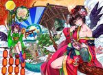  alcohol alternate_hairstyle architecture bamboo bare_shoulders bell bottle breasts brown_hair cleavage east_asian_architecture egasumi geta hair_ornament hakurei_reimu hat hatsuyume himekaidou_hatate inubashiri_momiji japanese_clothes joya_no_kane kanzashi kawashiro_nitori kimono lamp large_breasts leaf legs maple_leaf mishaguji mount_fuji mountain multiple_girls naughty_face new_year obi off_shoulder one_eye_closed sake sake_bottle sash shameimaru_aya tamon_ketsuyuki tengu-geta tokin_hat torii touhou two_side_up wings 