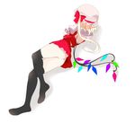  ass back_cutout black_legwear blonde_hair bow flandre_scarlet from_behind full_body hair_bow hat head_rest lying no_panties on_side oouso short_hair side_ponytail simple_background skirt skirt_set solo thighhighs touhou white_background wings 