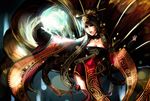  ahri animal_ears black_hair braid breasts cleavage dress fox_ears fox_tail hair_ornament hair_stick hannah_santos league_of_legends long_hair long_sleeves looking_at_viewer medium_breasts outstretched_arm red_dress solo tail twin_braids upper_body very_long_hair 