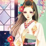  brown_eyes brown_hair camellia eyelashes face floral_print flower hair_flower hair_ornament japanese_clothes kimono leaf lips long_hair matsuo_hiromi obi original sash solo string 