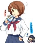  black_hair blush brown_eyes brown_hair chishima_kirika drinking hair_ornament hair_ribbon hairclip hanabana_tsubomi hand_on_hip long_hair looking_at_viewer milk misaki_erimo multiple_girls ribbon school_uniform seishun_konbu serafuku short_hair skirt surprised translated 