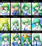  alternate_costume animal_ears armpits blush breasts bunny_ears chart comparison detached_sleeves food frog_hair_ornament gohei green_hair hair_ornament hair_tubes kochiya_sanae large_breasts long_hair neckerchief ocean one_eye_closed open_mouth osashin_(osada) pocky ponytail pyonta scarf school_uniform serafuku short_hair smile snake_hair_ornament swimsuit touhou yellow_eyes 