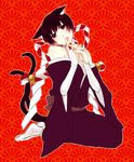  animal_ears axis_powers_hetalia black_hair blush cat_ears cat_tail full_body haruno_(biko) highres japan_(hetalia) japanese_clothes kikumon kimono male_focus multiple_tails open_mouth otoko_no_ko red_background red_eyes solo tail 