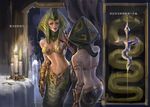  armor back bare_shoulders bikini_armor bikini_top breasts candle cassiopeia_du_couteau chinese forehead_jewel gauntlets green_eyes guan-yu_chen headdress lamia league_of_legends lipstick makeup medium_breasts mirror mirrored monster_girl navel purple_lipstick scales solo translated 