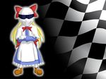  apron bad_id bad_pixiv_id blonde_hair bow capelet checkered checkered_flag chenowski crossed_arms dress flag helmet long_hair looking_at_viewer parody shanghai_doll the_stig top_gear touhou 