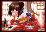  alcohol blush bottle bowl breasts brown_eyes brown_hair cleavage drunk highres japanese_clothes kanon_(kurogane_knights) kimono kuchinawa lying medium_breasts monogatari_(series) on_stomach sake sengoku_nadeko short_hair snake solo 