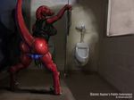  anthro anus arm_support balls bathroom big_breasts big_butt black_penis blue_panties breasts butt clothing dickgirl dinosaur erection herm intersex looking_at_viewer looking_back panties panties_down penis pose pussy raised_tail raptor red_body red_skin room scalie shiny shirt side_boob solo standing toilet underwear undressing winddragon 