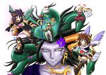  3girls absurdres black_hair blonde_hair blue_eyes brown_hair dark_pit goddess green_hair highres jewelry kid_icarus kid_icarus_uprising lots_of_jewelry magnus medusa_(kid_icarus) multiple_boys multiple_girls nachure nintendo palutena pit_(kid_icarus) red_eyes snake_hair viridi 