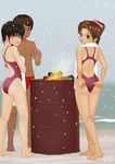  2girls acerbi adjusting_clothes adjusting_swimsuit ass black_eyes black_hair brown_eyes brown_hair campfire competition_swimsuit dated drum_(container) fire fundoshi japanese_clothes multiple_girls one-piece_swimsuit original ponytail short_hair snow swimsuit warming 