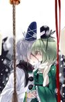  bell blush closed_eyes couple green_hair hat highres hug_(yourhug) japanese_clothes kariginu long_hair mononobe_no_futo multiple_girls ponytail rope scarf short_hair silver_hair soga_no_tojiko tate_eboshi touhou yuri 