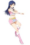  absurdres belt blue_hair boots highres idolmaster idolmaster_(classic) kisaragi_chihaya long_hair microphone midriff navel pink_diamond_765 pink_footwear skirt smile solo typezero wrist_cuffs yellow_eyes 