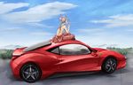  back_tattoo bad_id bad_pixiv_id blue_sky bodysuit bow car cigarette cloud day ferrari ferrari_458_italia fujiwara_no_mokou ground_vehicle hair_bow hair_censor hirose_(263hz) indian_style lighting_cigarette long_hair motor_vehicle mundane_utility on_vehicle ponytail racing_suit silver_hair sitting sky smoking solo tattoo topless touhou 