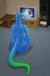  amber_eyes anole blue_skin breasts eliza_(vader-san) female green_skin inside invalid_tag lizard looking_at_viewer nude reptile scalie side_boob smile thick_tail tjk white_skin 