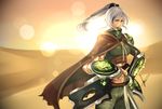  arm_guards backlighting cape desert green_eyes hannah_santos league_of_legends lens_flare looking_at_viewer ponytail riven_(league_of_legends) sand shield solo sun sunlight watermark white_hair 