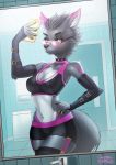  2018 5_fingers anthro aris_al&#039;zahri black_nose black_sclera canine clothed clothing detailed_background digital_media_(artwork) dog female fur green_eyes grey_fur grey_hair hair malakhael mammal midriff mirror navel solo thin_waist 