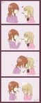  absurdres blonde_hair blush brown_hair closed_eyes embarrassed flying_sweatdrops food fukuji_mihoko hands_on_own_face heart highres kiss long_hair mouth_hold multiple_girls pocky pocky_kiss saki shared_food short_hair smile steam takei_hisa v yuri 