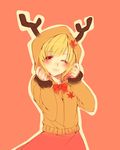  aki_shizuha antlers bad_id bad_pixiv_id blonde_hair blush bow dress hood hoodie kurokuro leaf long_sleeves maple_leaf red_eyes short_hair smile solo touhou 