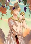  apple armlet blonde_hair bracelet earrings fate/zero fate_(series) food food_themed_hair_ornament fruit gilgamesh grape_hair_ornament grapes hair_ornament highres jewelry male_focus necklace red_eyes seojung solo toga 