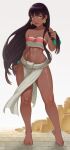  1girl bangs bare_shoulders barefoot black_hair bracelet breasts brown_eyes chel_(the_road_to_el_dorado) cheshirrr cleavage clenched_hand collarbone dark_skin earrings fingernails full_body hand_up highres jewelry lips long_hair looking_at_viewer medium_breasts midriff navel parted_lips pelvic_curtain shiny shiny_hair shiny_skin simple_background smile solo standing stomach strapless the_road_to_el_dorado thighs toes tube_top very_long_hair 