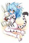  animal_ears animal_print bad_id bad_pixiv_id blue_hair blush cat_paws claws cuffs fuurin_rei highres hug leg_ribbon long_hair original paws ribbon smile solo stuffed_animal stuffed_bunny stuffed_toy tail tiger_ears tiger_print tiger_tail tomoyan_(nyakkoya) yellow_eyes 