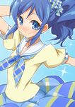  9law aikatsu! aikatsu!_(series) blue_eyes blue_hair blush dress kiriya_aoi looking_at_viewer ponytail short_hair solo 