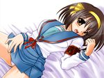  1girl amber_eyes armband blush brown_hair hair_ribbon hairband looking_at_viewer lying panties pantyshot pose posing ribbon school_uniform serafuku short_hair skirt skirt_lift solo suzumiya_haruhi suzumiya_haruhi_no_yuuutsu underwear upskirt yellow_eyes 