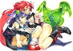  arcana_heart arcana_heart_3 bare_legs bobby_socks boots breasts cape detached_sleeves dress eko_(arcana_heart) holding_hands hug interlocked_fingers ishiwatari_daisuke kaz_(arcana_heart) large_breasts long_hair marker_(medium) mary_janes monster multiple_girls notepad purple_hair red_eyes red_hair scharlachrot see-through shoes sitting socks traditional_media twintails two_side_up very_long_hair 