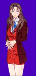  blue_background blue_eyes brown_hair dpdxj fate/zero fate_(series) genderswap genderswap_(mtf) jacket long_hair red_jacket ribbon shorts simple_background solo toosaka_tokiomi 