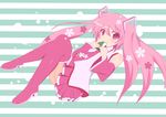  beautiful_world_(artist) blush boots hatsune_miku highres long_hair necktie pink_eyes pink_footwear pink_hair sakura_miku skirt solo thighhighs vocaloid 