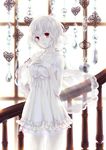  albino capelet crystal dress hands_on_own_chest lace looking_at_viewer original pale_skin parted_lips red_eyes short_hair solo stairs uzuki_eri white_dress white_hair window 