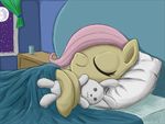  bed blanket equine eyes_closed female feral fluttershy_(mlp) friendship_is_magic fur glass hair horse inside mammal moon my_little_pony otakuap pillow pink_hair plushie pony sky sleeping smile solo stars window wood yellow_fur 
