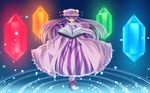  book boots crescent crystal dress hair_ribbon hat highres long_hair nekominase patchouli_knowledge pointing purple_eyes purple_hair rainbow_order ribbon solo touhou 