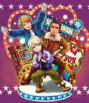  antonio_lopez blonde_hair blue_jacket bomber_jacket brown_hair chest_hair chibi green_eyes ivan_karelin jacket keith_goodman kubokawa_(haifukikara) logo multiple_boys pose purple_eyes purple_jacket tiger_&amp;_bunny v-neck 