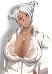  1girl breasts cleavage dark_skin female huge_breasts no_bra nyanyas original red_eyes shirt short_hair silver_hair simple_background solo upper_body white_background 