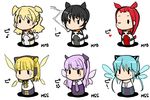  ageha_euridice_aust animal_ears bangs black_bow black_eyes black_hair blonde_hair blue_hair blunt_bangs blush bow bowtie candy cat_ears chibi chibo cigarette detached_wings eulen_spiegel eyebrows_visible_through_hair food full_body hair_between_eyes hair_bow headphones hibina_ingrid_adenauer kagerou_sabine_kurzringer lollipop long_hair mouth_hold multiple_girls necktie one_eye_closed pink_hair purple_neckwear red_hair scar scar_across_eye short_hair sketch smoking solid_oval_eyes sprite_spiegel suzutsuki_dietrich_schulz teardrop tsubame_alicetel_schneider two_side_up wavy_hair wings yellow_bow yellow_neckwear yuugiri_kunigunde_morenz yuumano_yuuki 