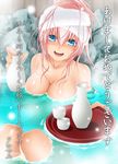  akeome artist_name blue_eyes blush breasts choko_(cup) cleavage cup happy_new_year highres kuromayu medium_breasts megurine_luka new_year nude onsen open_mouth pink_hair smile solo tokkuri towel towel_on_head translated tray vocaloid water wet 