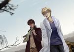  blonde_hair brown_eyes brown_hair casual coat earrings fate/zero fate_(series) fur_trim gilgamesh jewelry kotomine_kirei multiple_boys red_eyes scarf seojung sky 