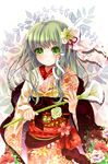  flower green_eyes green_hair hair_flower hair_ornament highres japanese_clothes kimono kochiya_sanae long_hair obi puracotte ribbon sash smile snake_hair_ornament solo touhou 