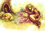  boots bottle cape chocobo detached_sleeves fetal_position field final_fantasy final_fantasy_vi flower green_hair lying mog nanase_shie pantyhose potion purple_eyes sleeping sword tina_branford tree tree_hole weapon 