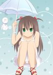  beautiful_world_(artist) blush brown_hair copyright_request green_eyes highres long_hair panties solo teruterubouzu umbrella underwear white_panties 