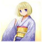  blonde_hair blue_eyes blush japanese_clothes kasuga_yukihito kimono kriemhild_(kasuga_yukihito) obi original sash short_hair smile solo wide_sleeves 