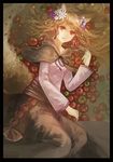  animal_ears apple brown_hair capelet flower food fruit hair_flower hair_ornament holo long_hair lying red_eyes solo spice_and_wolf tail vetina wolf_ears wolf_tail 