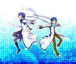  blue_eyes blue_hair blue_scarf boots clear_logic coat dual_persona highres kaito kaito_(vocaloid3) looking_at_viewer male_focus multiple_boys musical_note open_mouth scarf smile vocaloid 