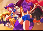  arcana_heart artist_request bat_wings bike_shorts blonde_hair blush boots braid breasts cape demon_girl elbow_pads fingerless_gloves glasses gloves hat holding_hands interlocked_fingers knee_pads large_breasts lilica_felchenerow long_hair multiple_girls official_art orange_skirt pointy_ears purple_eyes red-framed_eyewear red_eyes red_hair single_braid skirt sleeveless strapless sweater tubetop twintails unzipped very_long_hair wings witch witch_hat yasuzumi_yoriko zipper 