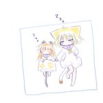  akari_(mad) animal_ears blonde_hair blush brown_hair cat_ears cat_tail holding_hands long_hair lying mad_(kusakabe) mouse_ears mouse_tail multiple_girls naju_(mad) on_back original short_hair simple_background sleeping tail white_background 