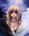  artist_name bangs bare_shoulders blonde_hair blue_background blunt_bangs brown_eyes chii chobits face feathered_wings full_moon hair_tubes light_smile lips long_hair moon rikamello robot_ears signature solo wings 